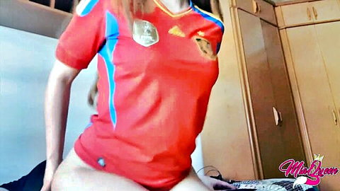 Blonde in sexy Spanish soccer jersey teases legs spread in kinky POV