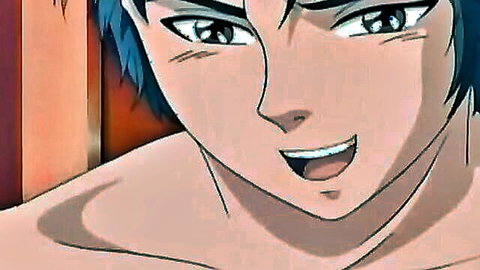 Smiling blue-haired anime guy in hentai doggy style scene