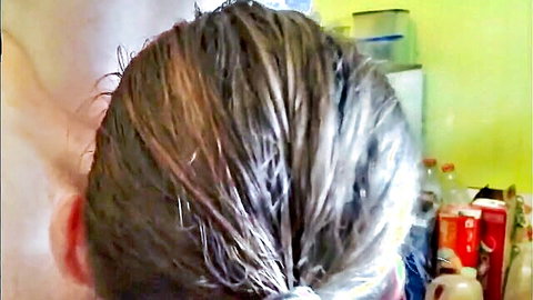 Brittany Angel wet hair from behind in kitchen scene