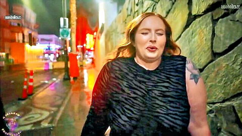 Curvy redhead BBW PAWG in zebra top walking downtown Vegas night