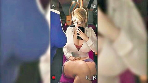 Blonde anime girl in open blouse and pink bra, tight purple shorts on train