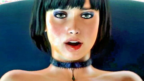 3D hentai girl with black bob hair, choker necklace, surprised open mouth expression