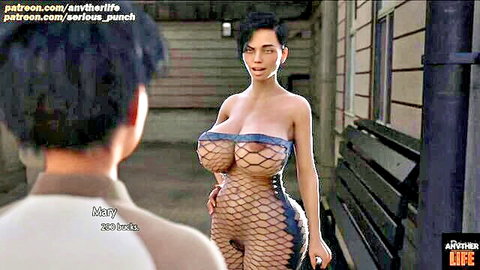 Busty gamer girl Mary with massive tits in sheer blue fishnet bodysuit teases clothed guy in alley