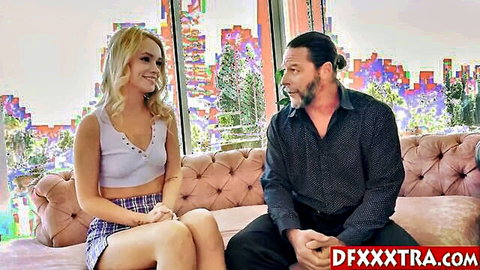 Hot blonde teen wife surprised by desperate husband with BBC guy on couch