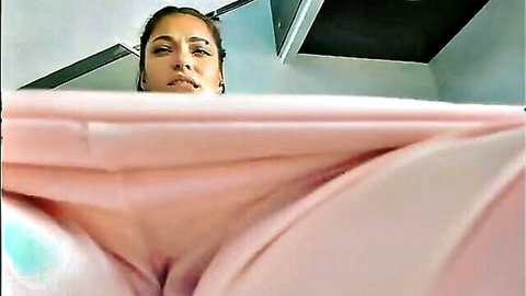 Latina babe spreads legs wide in tight pink panties showing juicy cameltoe pussy