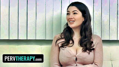Alyx Star in low-cut sweater, big natural tits cleavage in therapy session