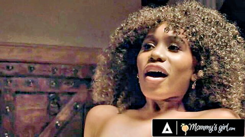 Curly-haired ebony beauty topless, moaning in lesbian MILF encounter