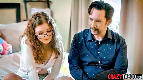 Curly-haired student in glasses talks intimately with older crush on bed, taboo vibe
