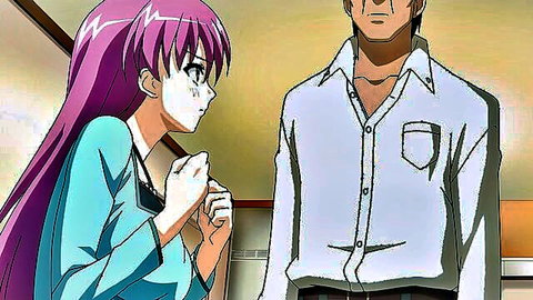 Purple-haired anime girl in sailor uniform chats intimately with man in Oni Chichi 2 hentai