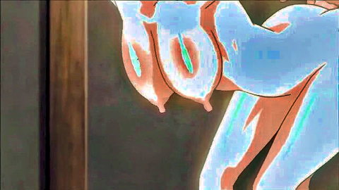 Hentai babe with huge blue tits and erect nipples posing nude against door