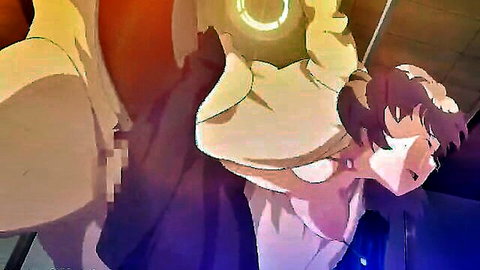 Blonde hentai babe suspended in glowing yellow bondage chains with censored pussy and tits