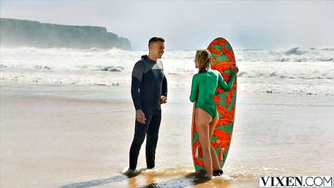 Blonde surfer Christy White nude ass seduces instructor Alberto Blanco on beach
