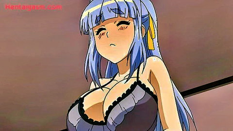 Blue-haired anime girl in low-cut lingerie showing massive cleavage
