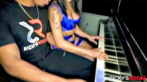 Vanessa Sky in blue lingerie teasing at piano with man, Ricky's Room