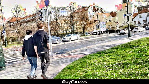 Twink Josh Cavalin and Colombian Justin Host walking outdoors