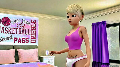 Blonde 3D teen shemale dickgirl in pink tank top and panties