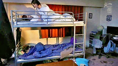 Japanese mom in white top leaning over young son in bunk bed taboo erotic scene
