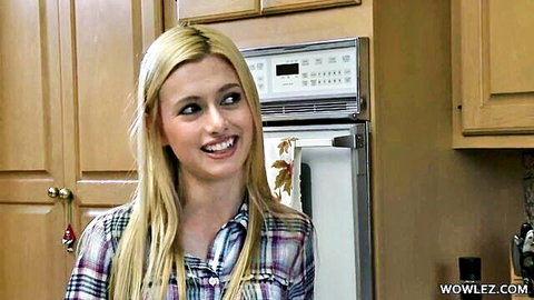 Smiling skinny blonde Kennedy Kressler in plaid shirt tease