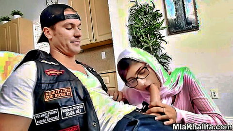 Juliana Vega in hijab glasses touches biker boyfriend's cock