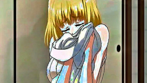 Anime young blonde with big tits covering face emotionally, partial nudity