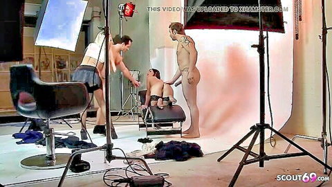 Blonde secretary joins nude men in anal foursome DP group sex studio scene