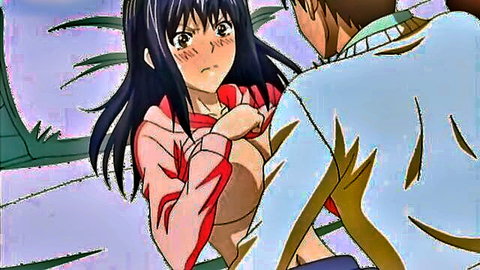 Cute black-haired anime girl with exposed breasts in steamy hentai creampie scene