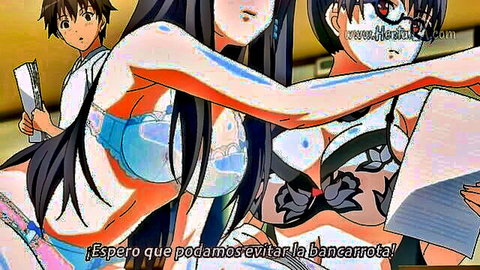 Anime gamer girls with huge tits in revealing school uniforms discussing finances