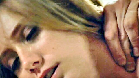Blonde beauty gripped by strong hand on throat, eyes rolling back in moaning ecstasy