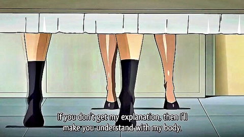 Anime hentai girls in black thigh-high stockings tease with legs saying they'll make you understand with their bodies