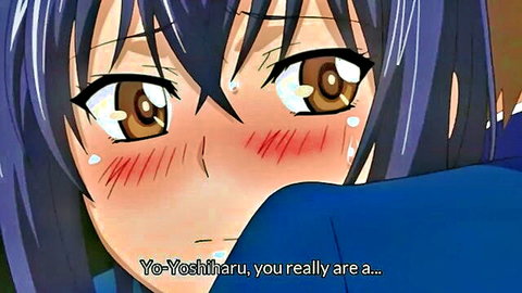 Blushing anime girl with purple hair and teary eyes during sensual encounter