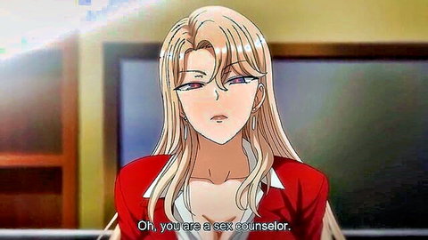 Blonde anime sex counselor with big tits in red blouse, surprised expression