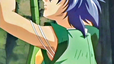 Intense anime babe with blue hair in green top smirking sideways in bamboo forest