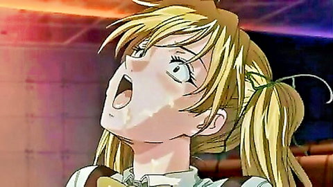 Blonde hentai schoolgirl with ahegao face, wide eyes and open mouth in ecstasy