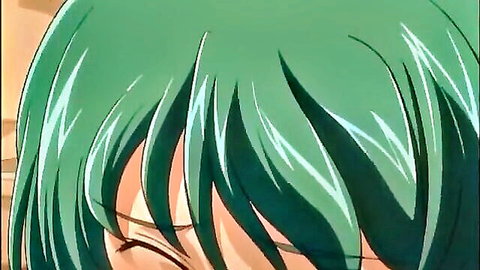 Aroused green-haired hentai babe with ecstatic expression from anal fingering