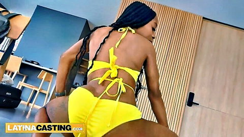 Ebony babe in skimpy yellow bikini bends over showing thick juicy ass in casting couch audition