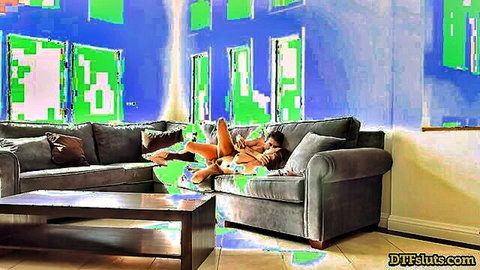 Brunette MILF with huge natural tits fucked missionary style on sofa legs spread wide