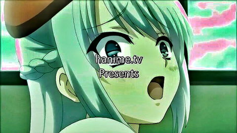 Green-haired hentai babe with wide-eyed surprise in domination scene