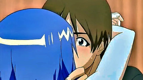 Busty blue-haired anime girl passionately embraced by boyfriend