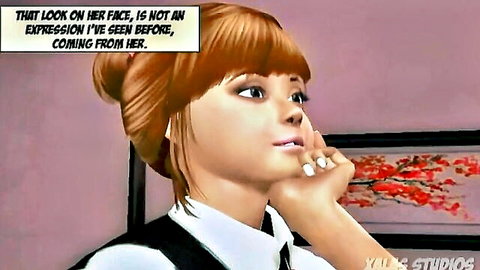 Cartoon anime stepdaughter in school uniform with thoughtful expression