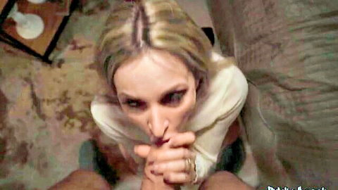 Micky Muffin in intense close-up, blonde German model in white top for Public Agent worship scene