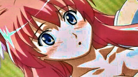 Kawaii hentai teen with red hair and blue eyes showing shy surprise in freaky tube scene