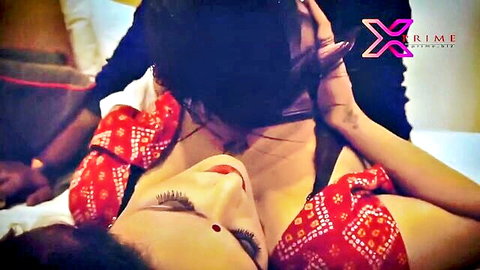Desi Indian MILF aunty in steamy threesome, busty beauty in red blouse