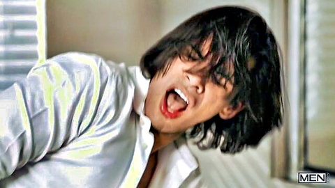 Androgynous Asian man with long hair moaning in open white shirt POV scene