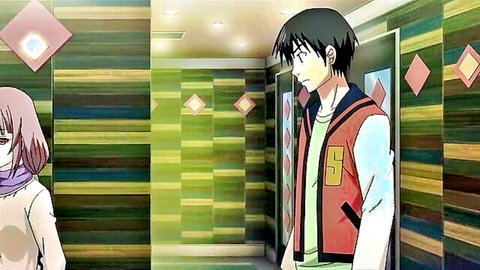 Anime hentai couple: pink-haired girl in scarf faces black-haired boy in jacket