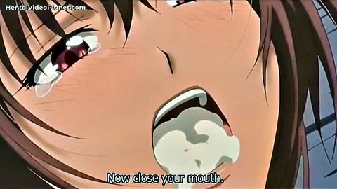 Hentai babe with cum-filled mouth, tanned tiny tits star swallows load