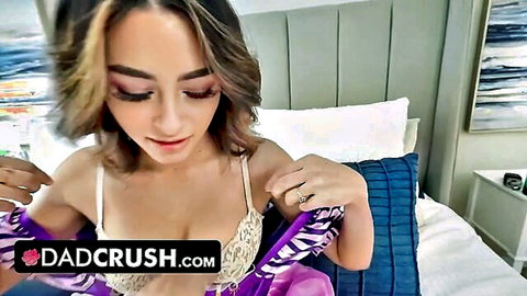 Cute teen Vanessa Moon in white lace bra and lingerie, teasing on bed