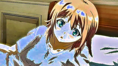 Cute anime girl with blonde hair, green eyes, perky tits in blue top, lying surprised