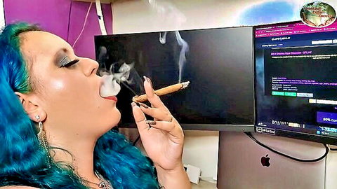 Big-titted Brazilian amateur smoking Havana cigar at computer