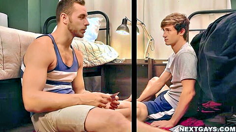 Preston's nervous first gay porn scene with muscular partner on bed