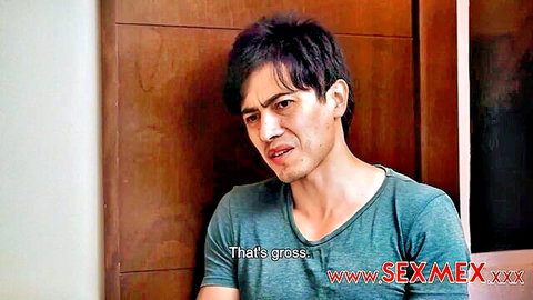 Disgusted Latino guy in teal shirt grimaces saying that's gross on SexMex